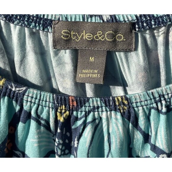 Style & Co Womens Medium Boho Floral Bell Sleeve Blue/Teal Rayon Top - Picture 7 of 9